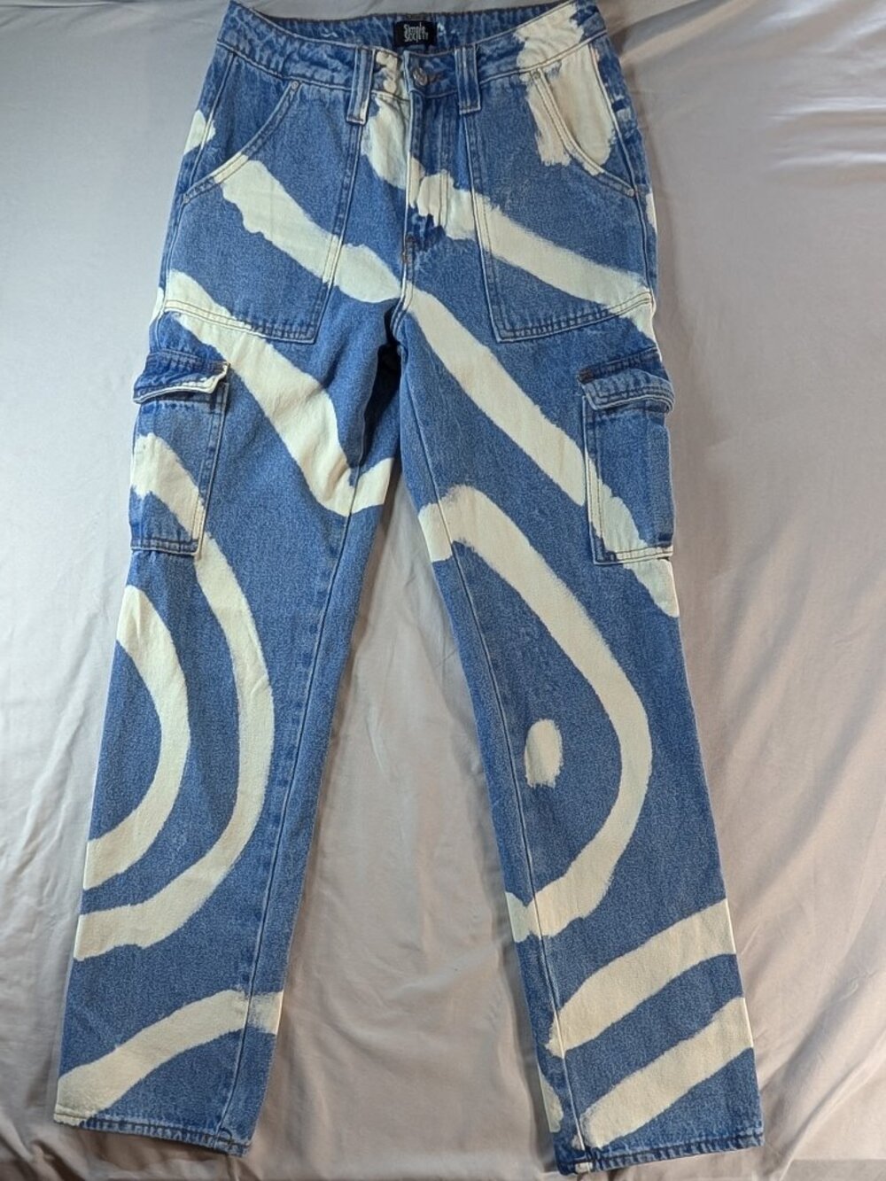 Simple Society Y2K Bleach Swirl Print Wide Leg Cargo Jeans Utility Pants size 3